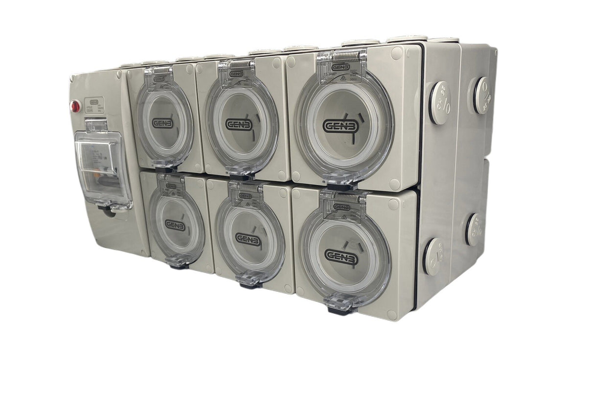 Portable Power board adapter 32 Amp 3 phase 5 pin to 6 x 15A and 6 x 10A Outlets