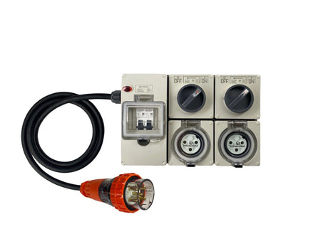 Power Board 32 Amp 5 Pin Three Phase to 2 x 20 Amp Round 3 pin outlets