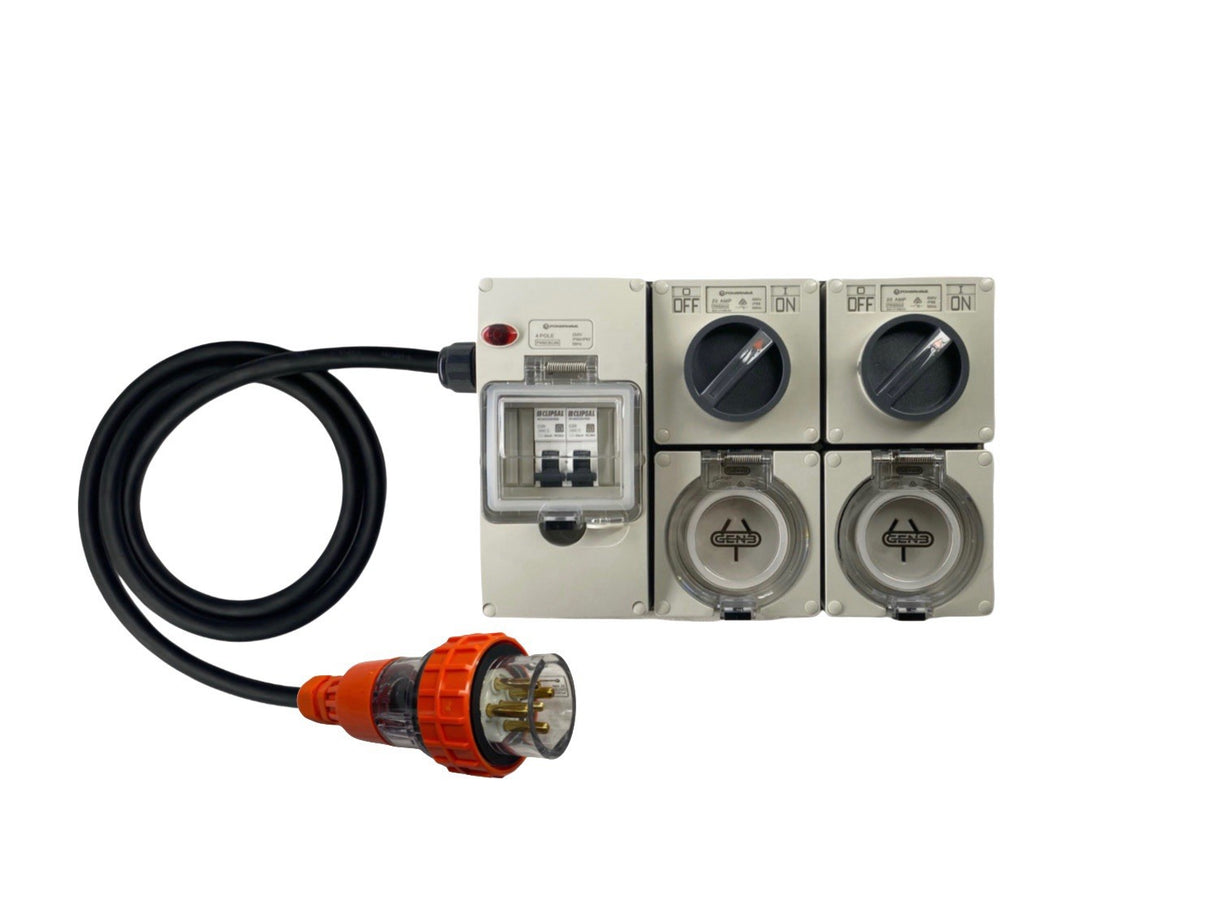 Power Board 20 Amp 5 Pin Three Phase to 2 x 20 Amp Flat 3 pin outlets