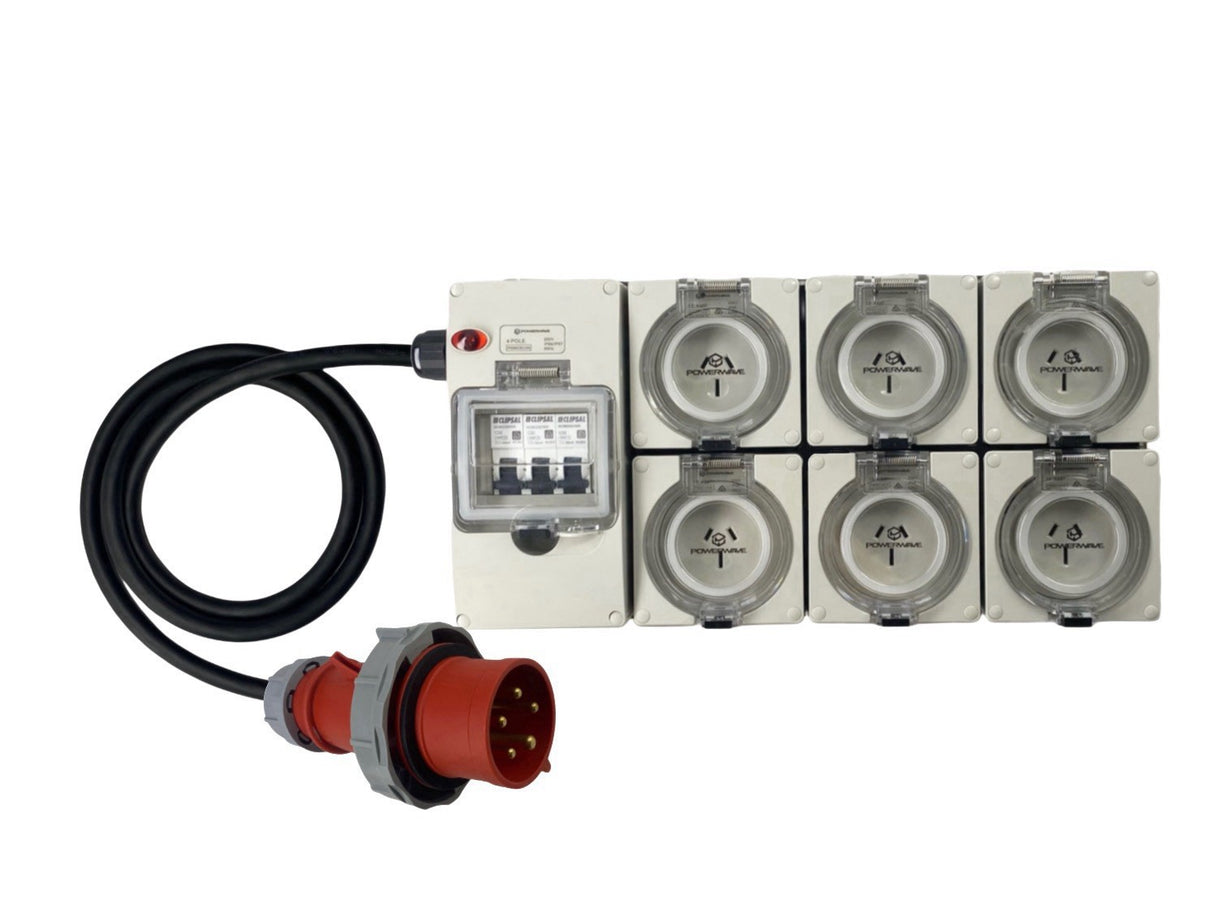 Power Board CEEform 32 Amp 5 Pin Three Phase to 6 x 15 Amp 3 pin outlets