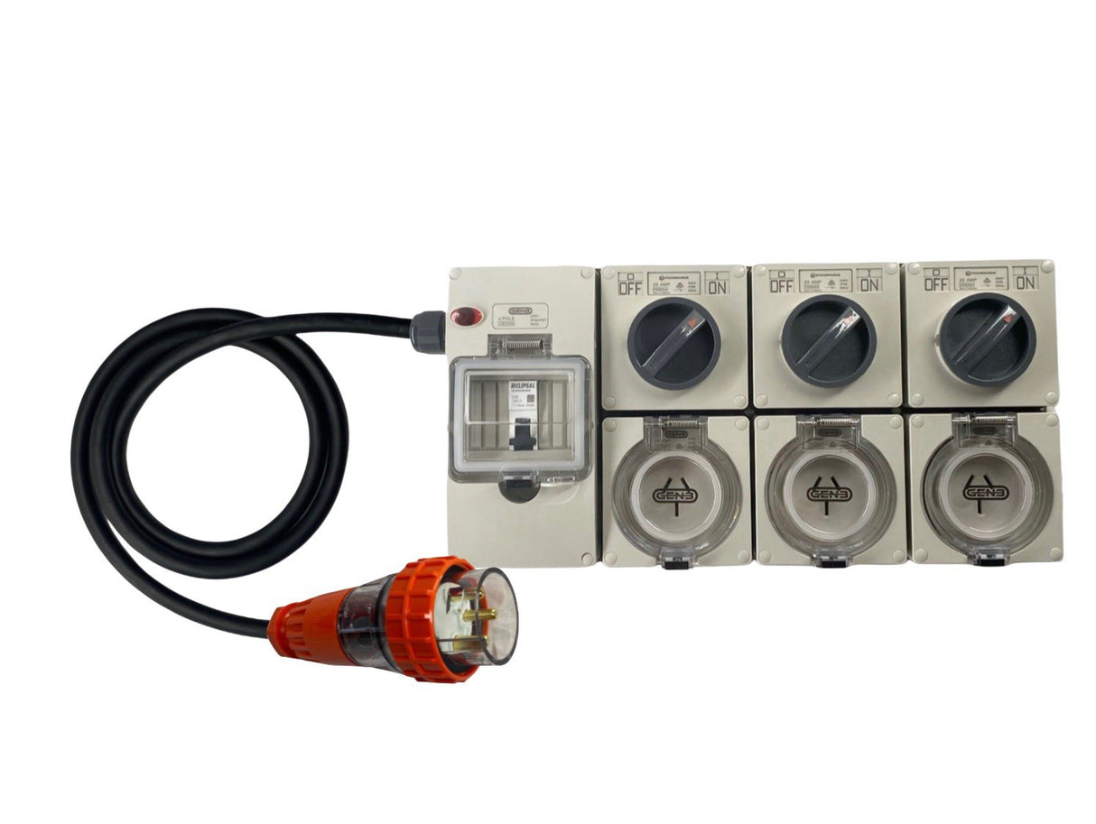 Power Board 32 Amp 3 Pin Single Phase to 3 x 20 Amp Flat 3 pin outlets