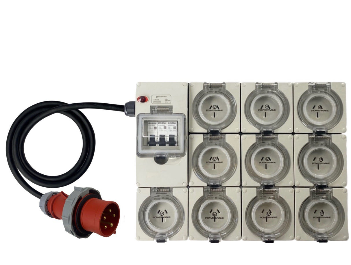 Power Board CEEform 32 Amp 5 Pin Three Phase to 10 x 15 Amp 3 pin outlets