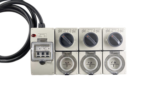 Power Board 5 Pin 32 Amp to 3 x 15 Amp 240V 3 Flat Pin RCBO Protected Outlets