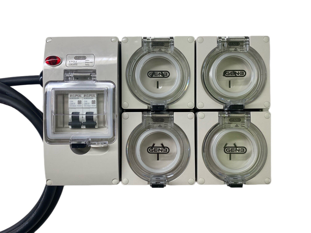 Portable Power board 20 Amp 3 phase 5 pin supply to 4 x 240v 15 Amp RCBO outlets