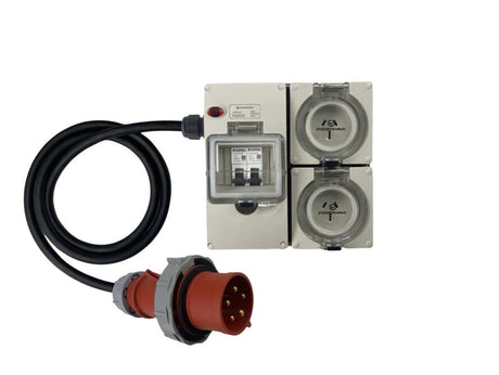 Power Board CEEform 32 Amp 5 Pin Three Phase to 2 x 15 Amp 3 pin outlets