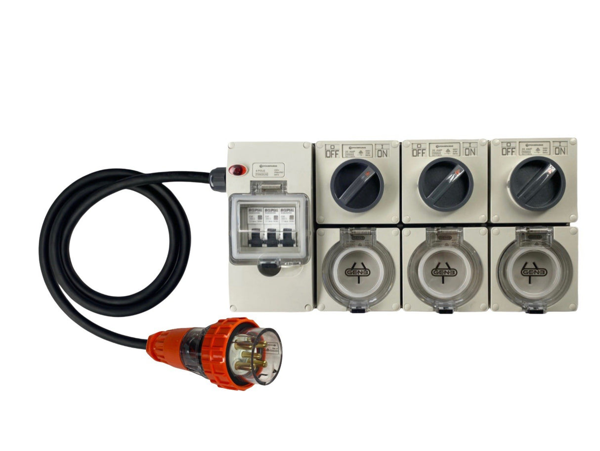 Power Board 32 Amp 5 Pin Three Phase to 3 x 20 Amp Flat 3 pin outlets