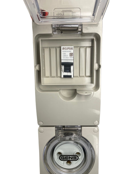 Portable Power board 32 Amp 3 phase 5 pin supply to 1 x 32 Amp 3 Pin RCBO outlet