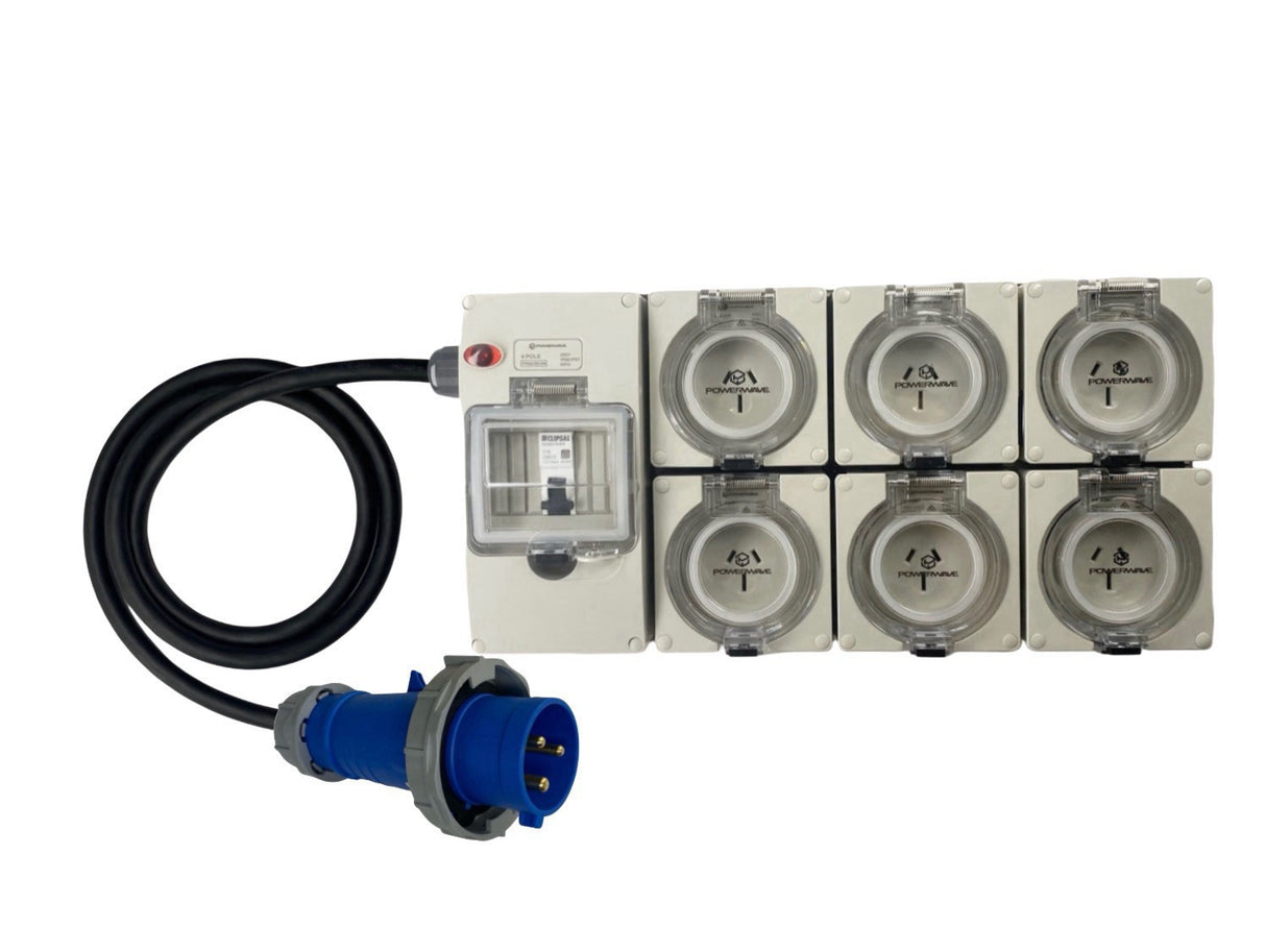 Power Board CEEform 32 Amp 3 Pin Single Phase to 6 x 15 Amp 3 pin outlets