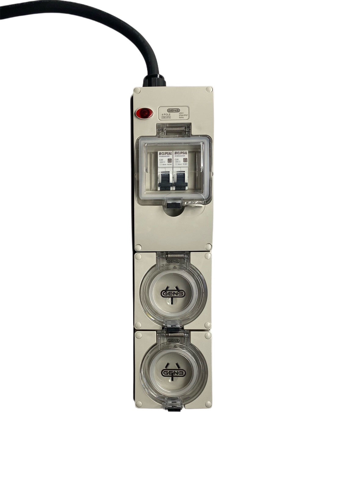 Portable Power board 20 Amp 3 phase 5 pin supply to 2 x 240v 15 Amp RCBO outlets