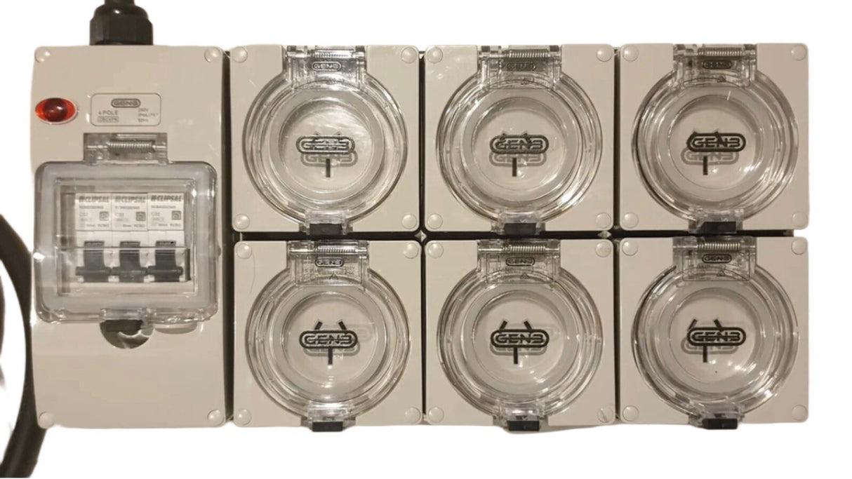 Portable Power board adapter 10 Amp 3 phase 5 pin to 6 x 240v RCBO 10A outlets