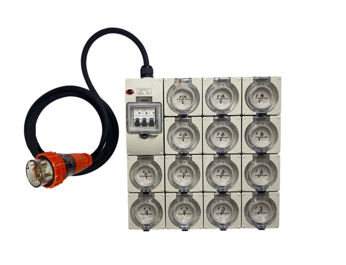 Power Board 32 Amp 5 Pin Three Phase to 14 x 10 Amp 3 pin single phase outlets