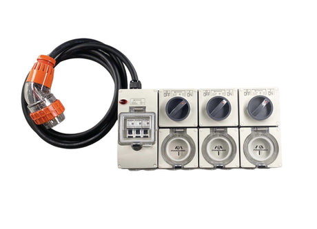 Power Board 5 Pin 32 Amp to 3 x 15 Amp 240V 3 Flat Pin RCBO Protected Outlets