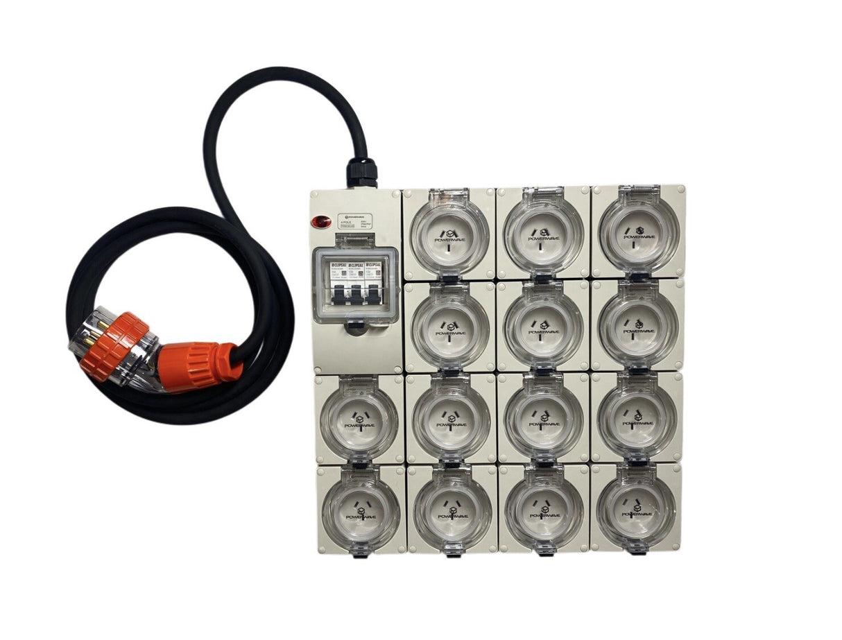 Portable Power board adapter 32 Amp 3 phase 5 pin to 14 x 10A 240v RCBO outlets