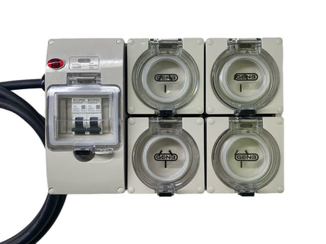 Portable Power board 32 Amp 3 phase 5 pin supply to 4 x 240v 15 Amp RCBO outlet