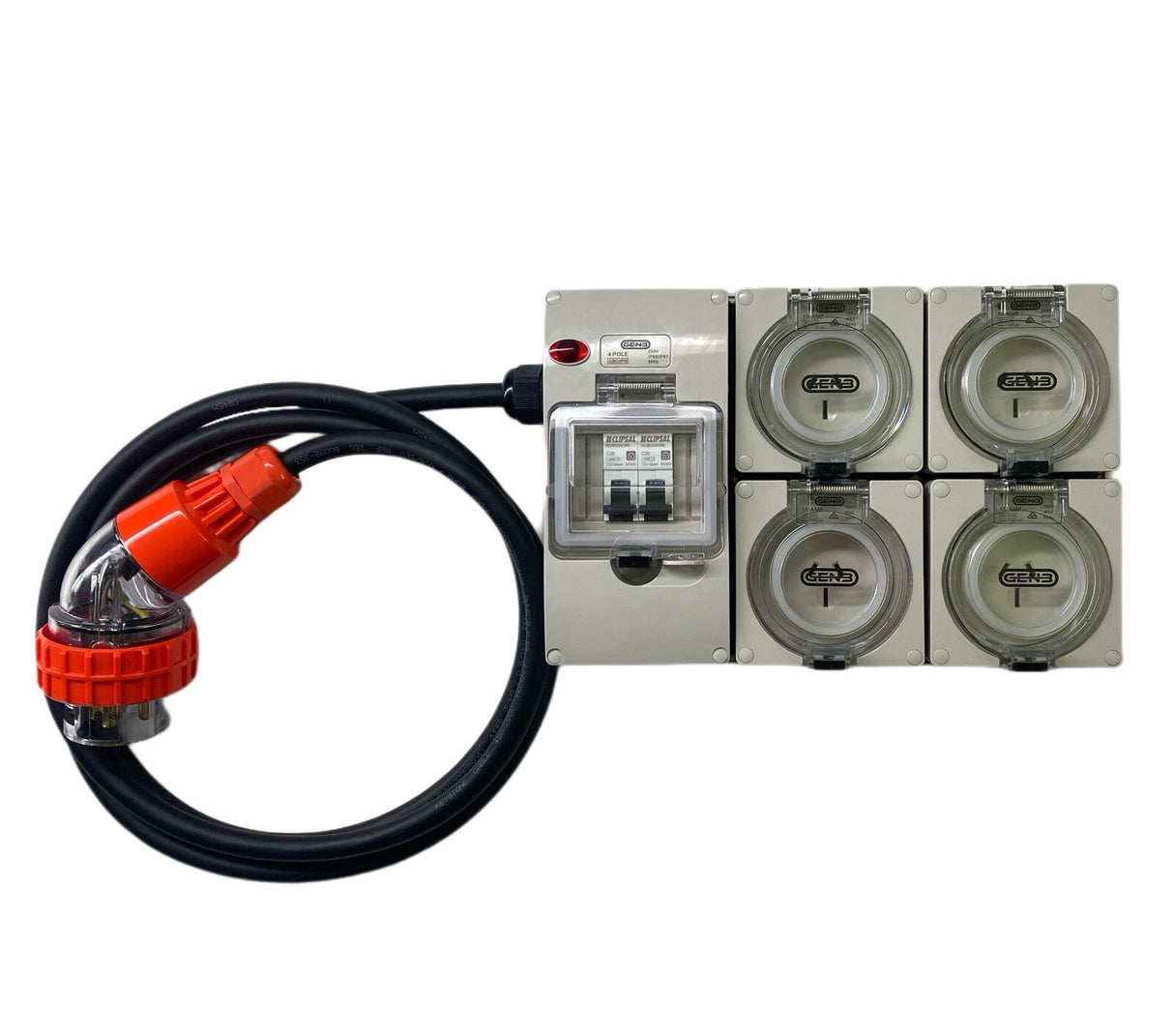 Portable Power board 32 Amp 3 phase 5 pin supply to 4 x 240v 15 Amp RCBO outlet