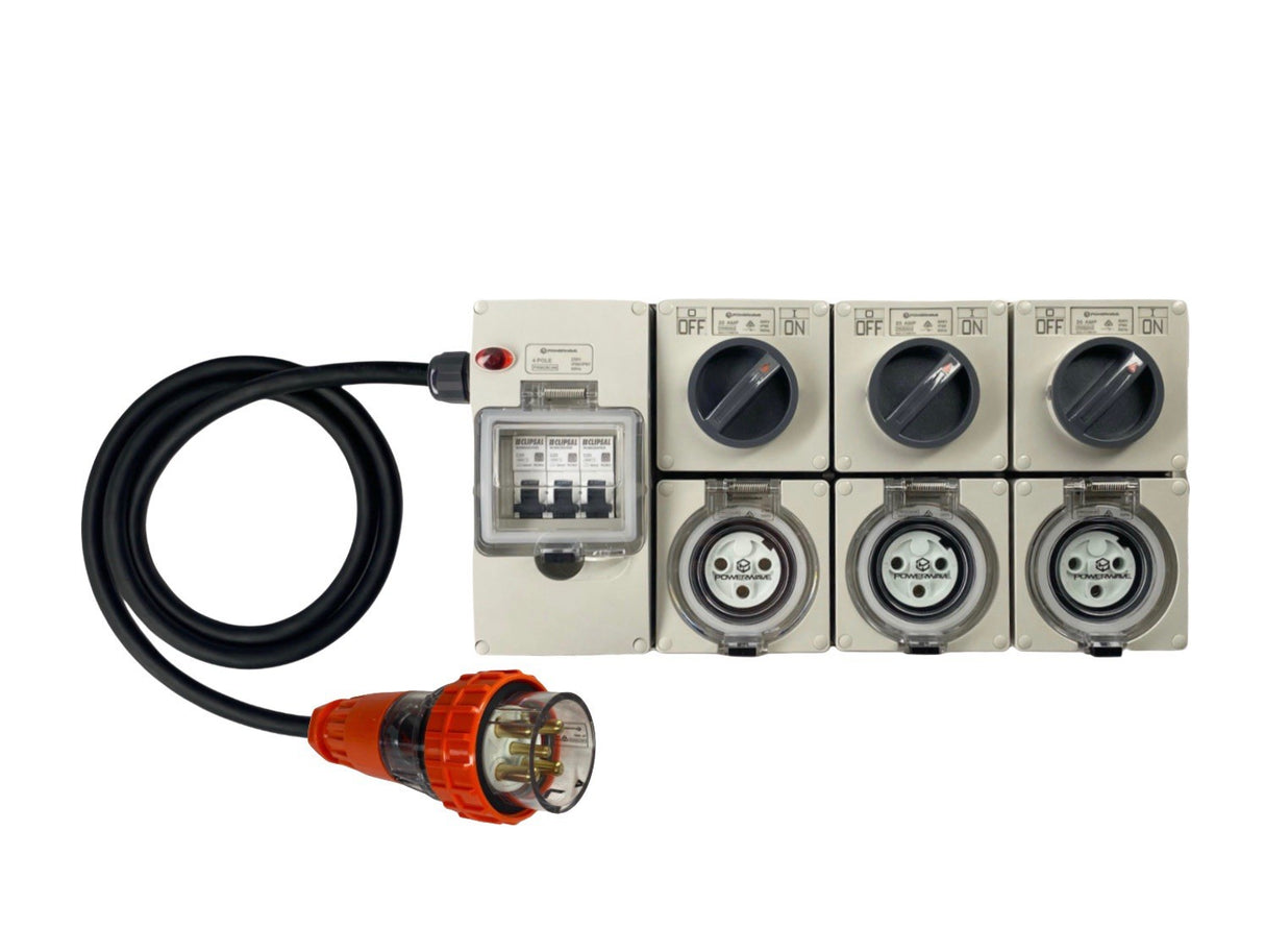Power Board 32 Amp 5 Pin Three Phase to 3 x 32 Amp 3 pin Single Phase outlets