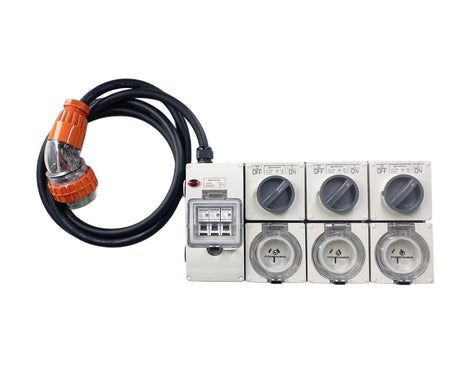 Power Board 5 Pin 32 Amp to 3 x 15 Amp 240V 3 Flat Pin RCBO Protected Outlets