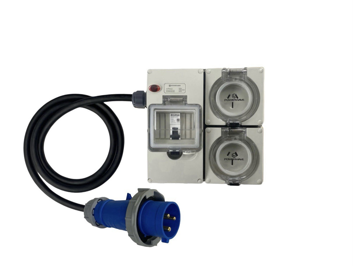 Power Board CEEform 32 Amp 3 Pin Single Phase to 2 x 15 Amp 3 pin outlets