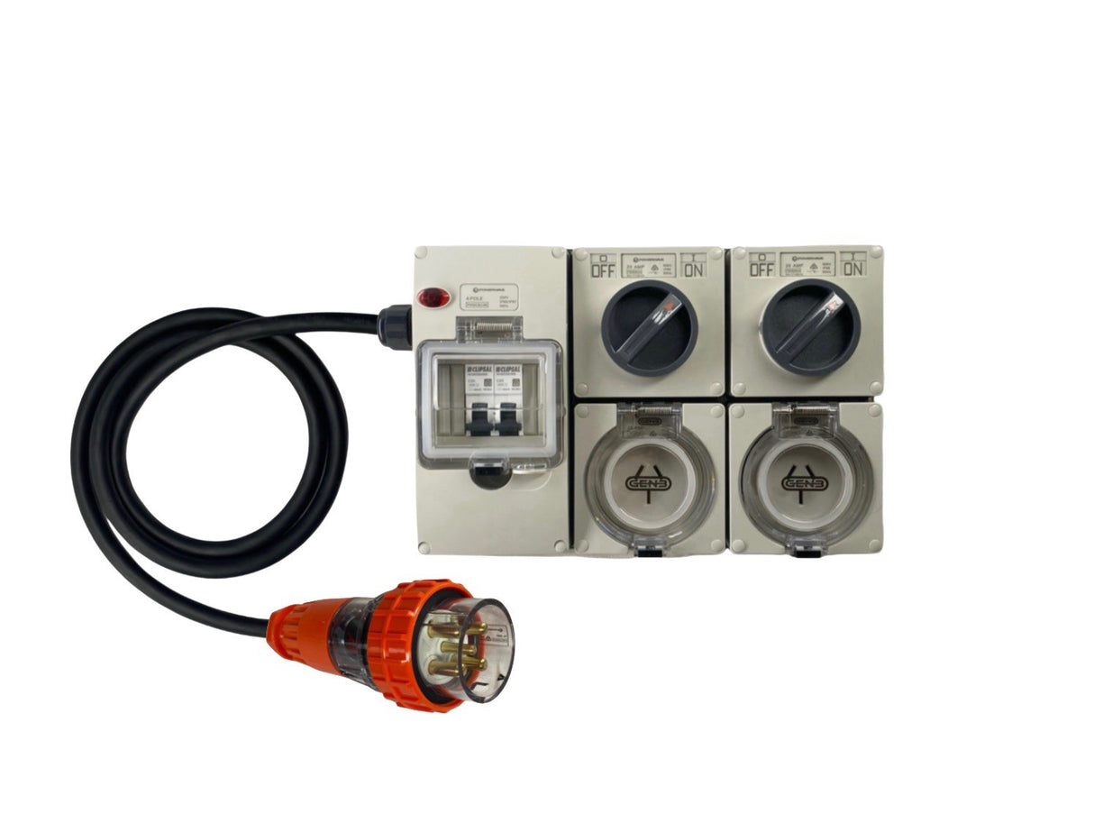 Power Board 32 Amp 5 Pin Three Phase to 2 x 20 Amp Flat 3 pin outlets