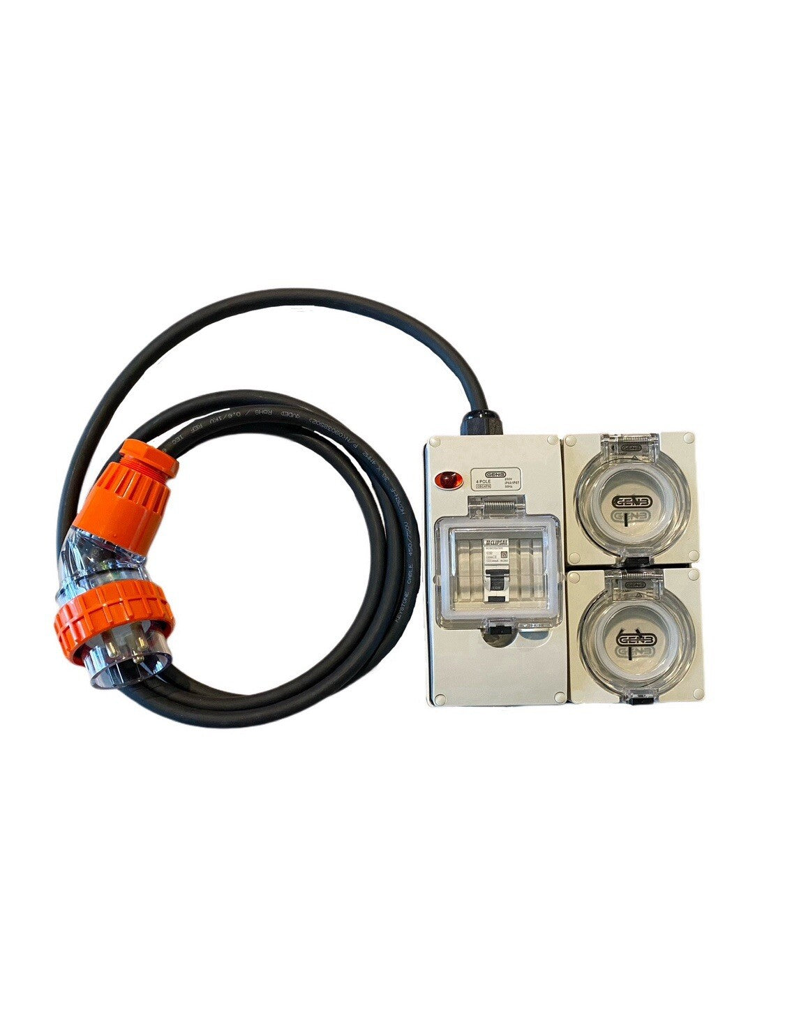 Portable Power board 32 Amp 1 phase 3 pin supply to 2 x 240v 15 Amp RCBO outlets