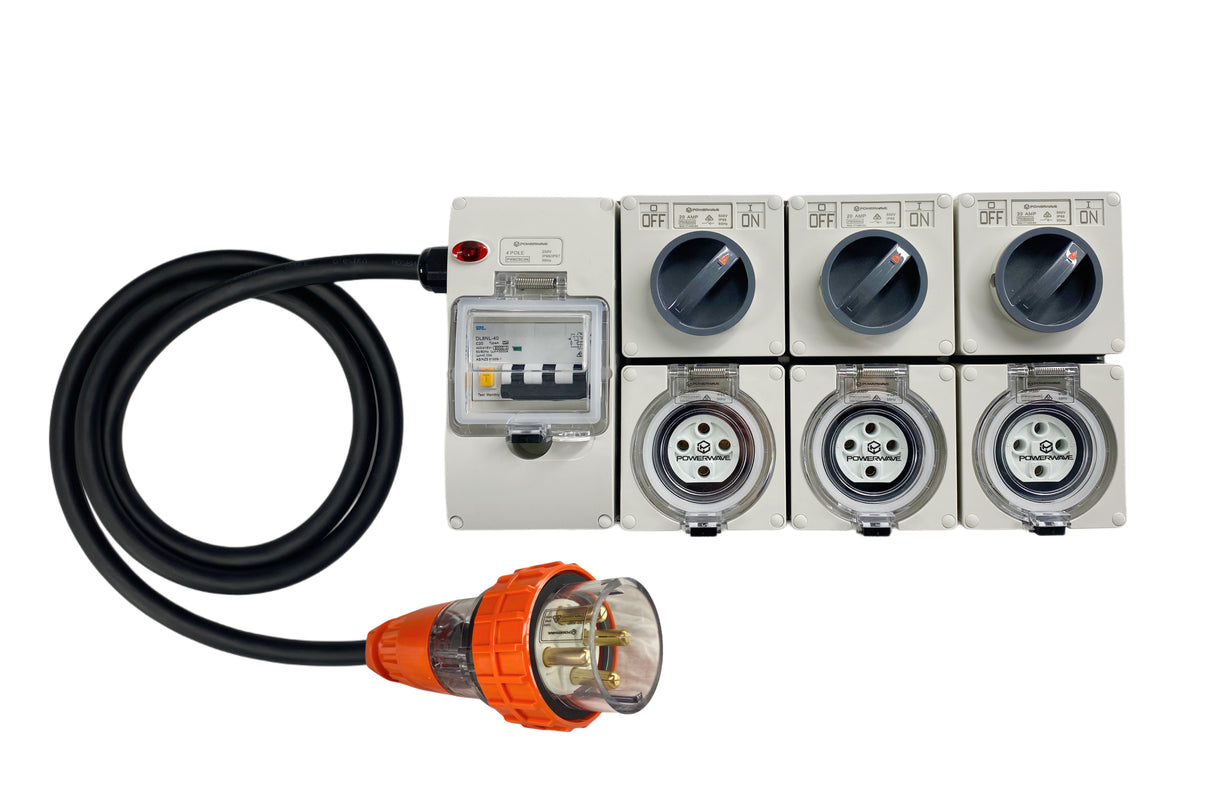 Power Board 32 Amp 4 Pin Three Phase to 3 x 20 Amp 4 pin Three Phase outlets