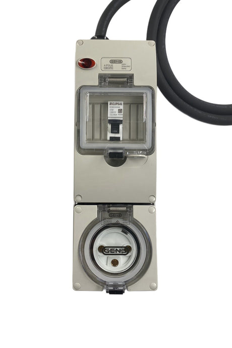 Portable Power board 32 Amp 3 phase 5 pin supply to 1 x 32 Amp 3 Pin RCBO outlet