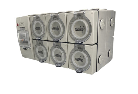 Portable Power board adapter 32 Amp 3 phase 5 pin to 6 x 15A and 6 x 10A Outlets