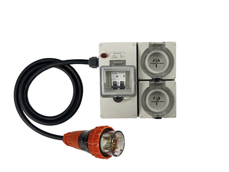 Power Board 32 Amp 5 Pin Three Phase to 2 x 15 Amp 3 pin single Phase outlets