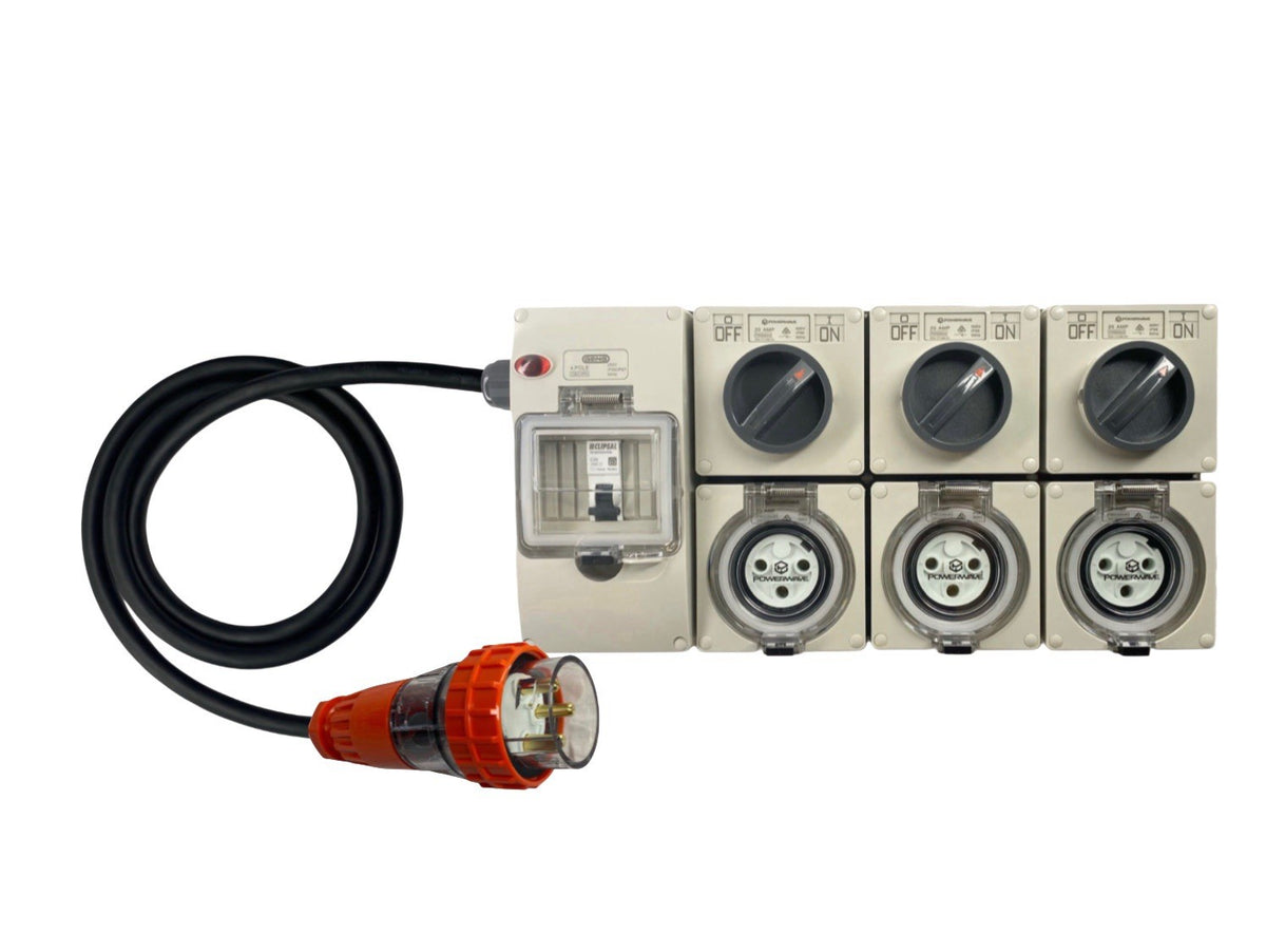 Power Board 32 Amp 3 Pin Single Phase to 3 x 20 Amp Round 3 pin outlet ...