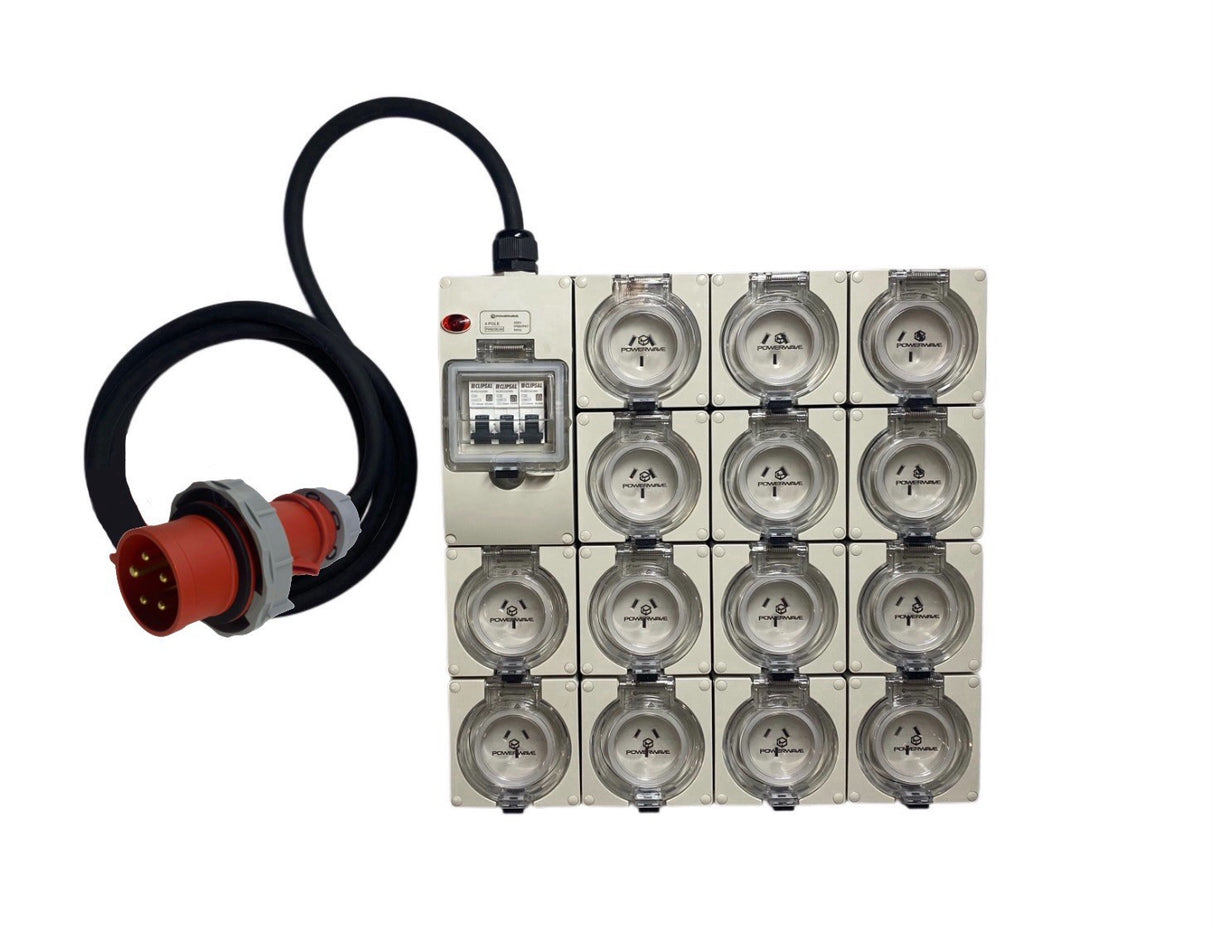 Power Board CEEform 32 Amp 5 Pin Three Phase to 14 x 10 Amp 3 pin outlets