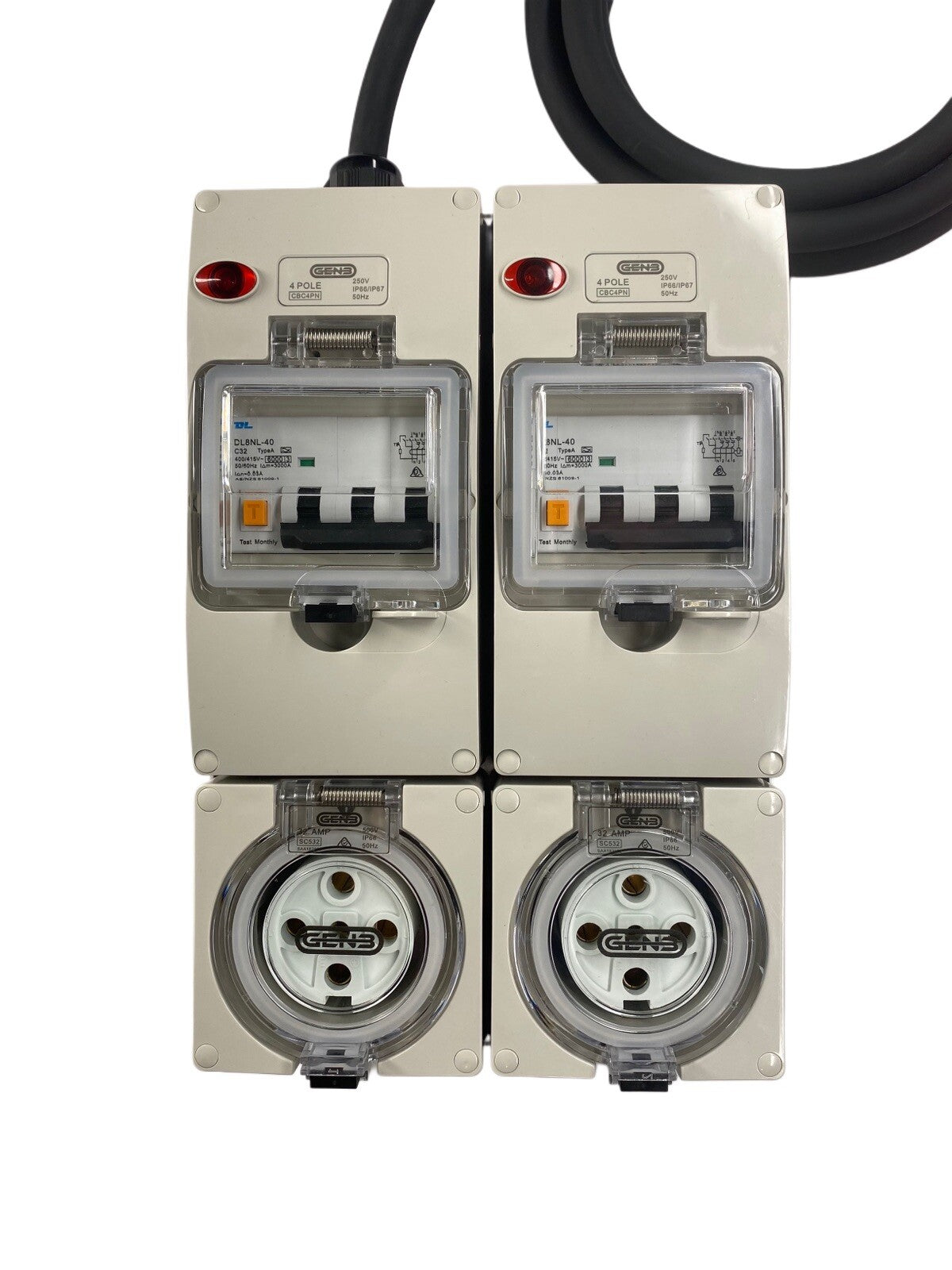 Power Board 5 Pin 32A to 2 x 5 Pin 20A RCBO Protected Outlets