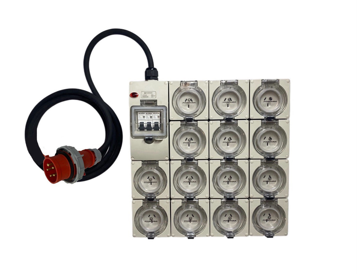 Power Board CEEform 16 Amp 5 Pin Three Phase to 14 x 10 Amp 3 pin outlets