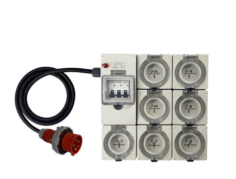 Power Board CEEform 16 Amp 5 Pin Three Phase to 7 x 15 Amp 3 pin outlets