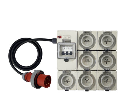 Power Board CEEform 32 Amp 5 Pin Three Phase to 7 x 15 Amp 3 pin outlets