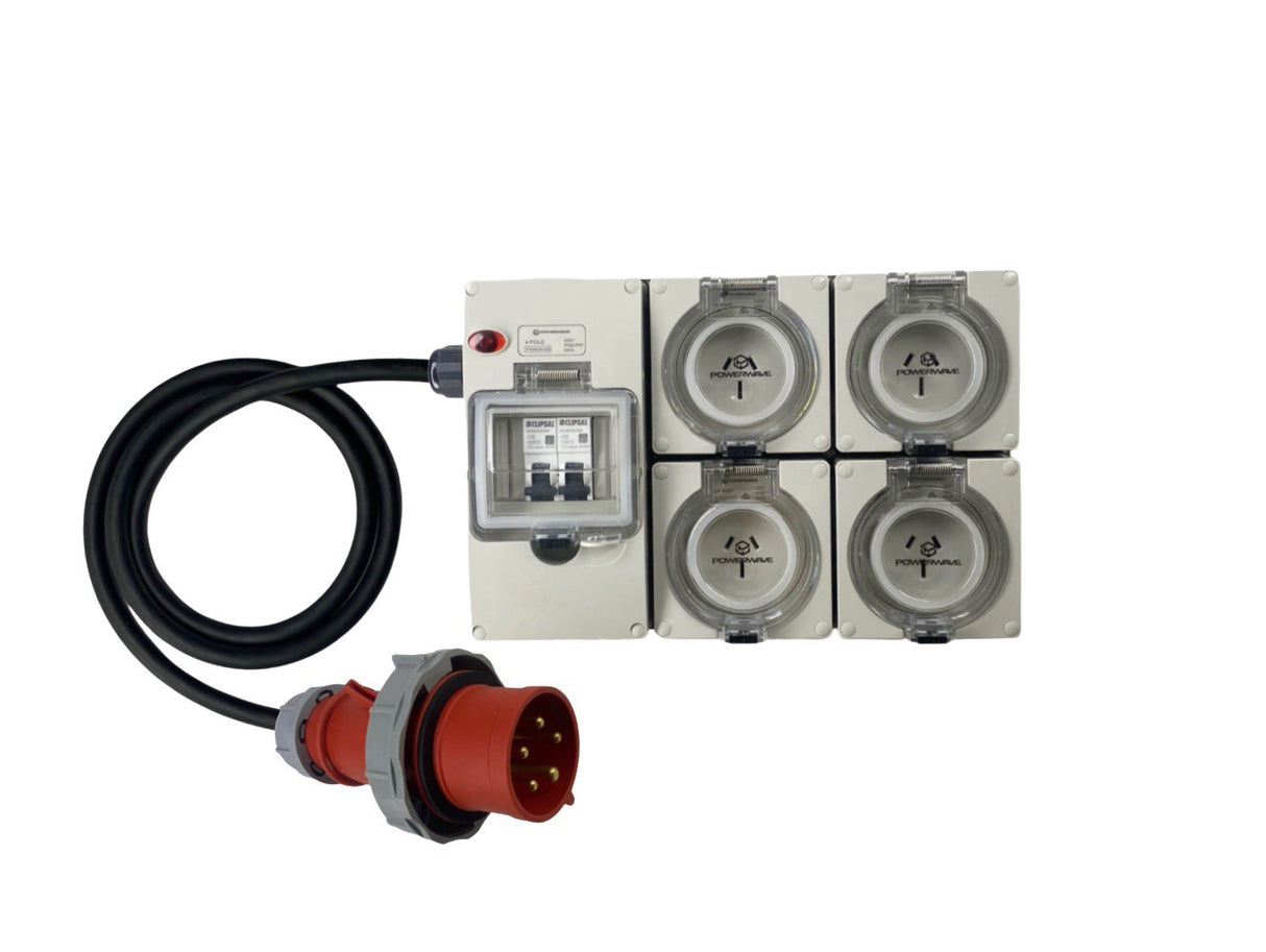 Power Board CEEform 32 Amp 5 Pin Three Phase to 4 x 15 Amp 3 pin outlets