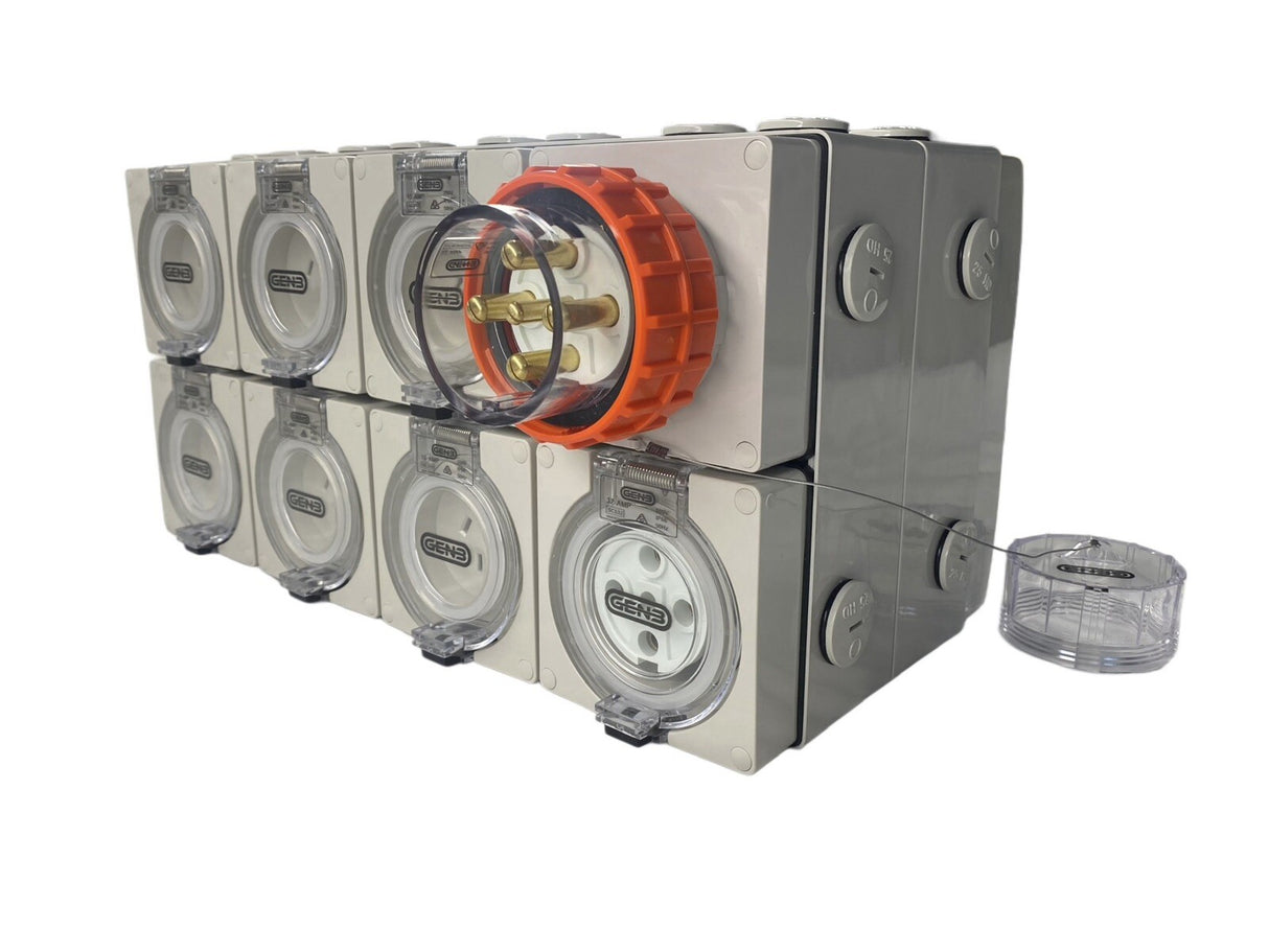 Portable Power board adapter 32 Amp 3 phase 5 pin to 6 x 15A and 6 x 10A Outlets