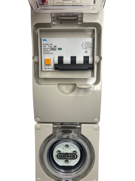 Portable Power board 32 Amp 3 phase 5 pin supply to 20 Amp 5 Pin RCBO outlet