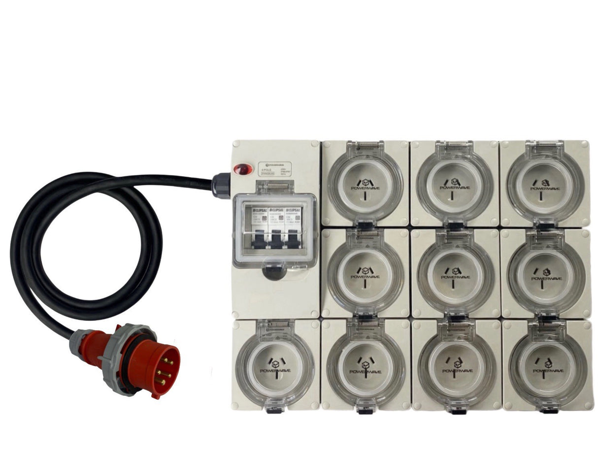 Power Board CEEform 16 Amp 5 Pin Three Phase to 10 x 15 Amp 3 pin outlets