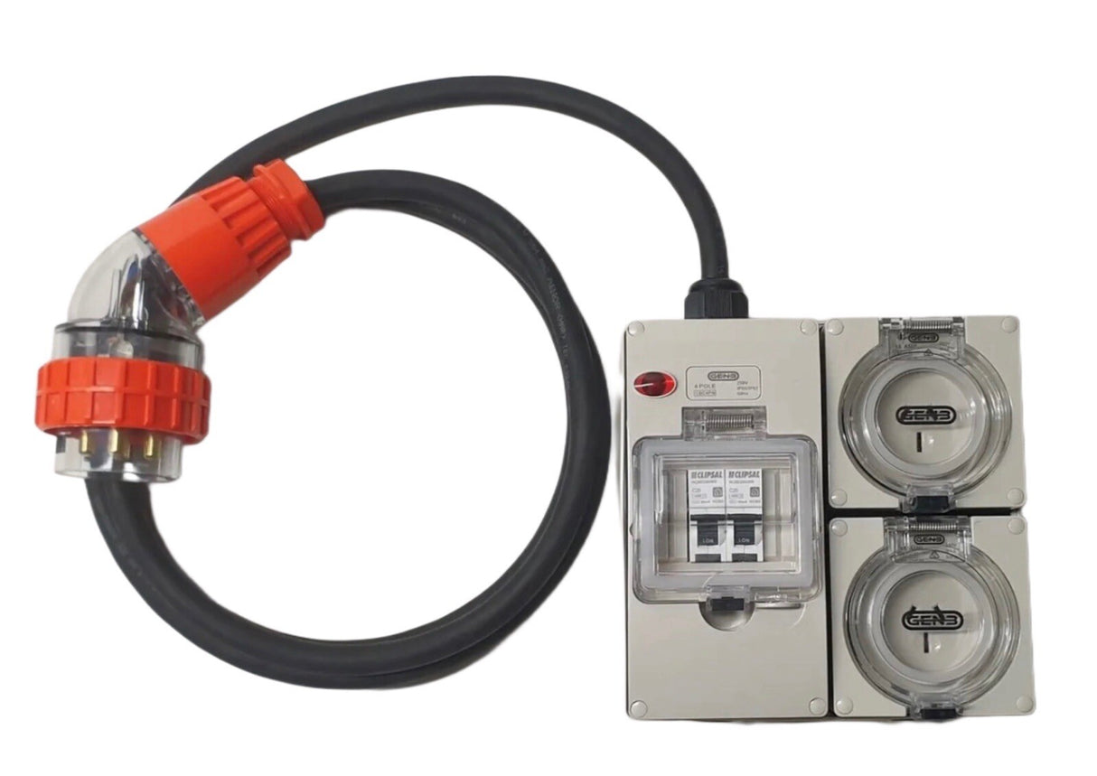 Portable Power board 32 Amp 3 phase 5 pin supply to 2 x 240v 20 Amp RCBO outlets