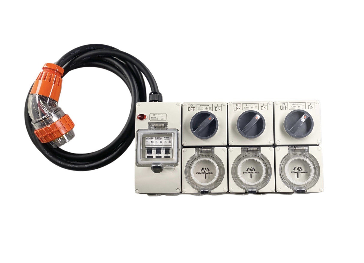 Power Board 5 Pin 32 Amp to 3 x 15 Amp 240V 3 Flat Pin RCBO Protected Outlets