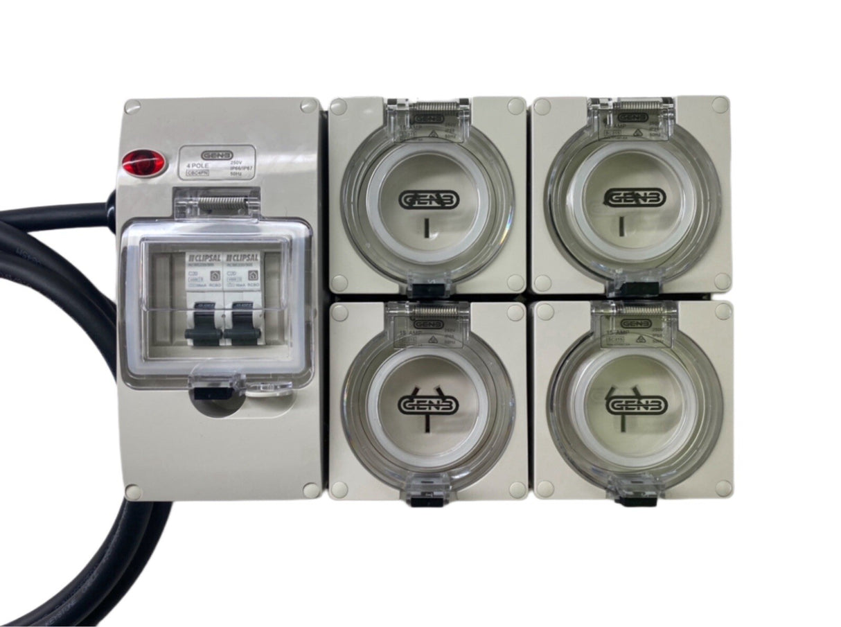 Portable Power board 10 Amp 3 phase 5 pin supply to 4 x 240v 10 Amp RCBO outlets