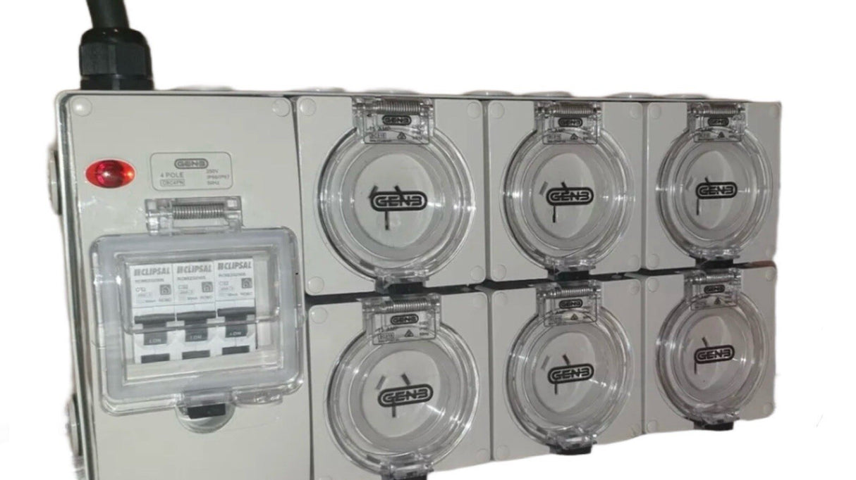 Portable Power board adapter 32 Amp 3 phase 5 pin to 6 x 240v RCBO 15A outlets