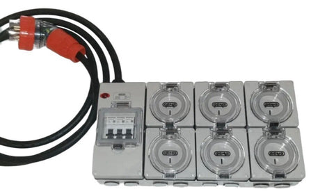 Portable Power board adapter 10 Amp 3 phase 5 pin to 6 x 240v RCBO 10A outlets