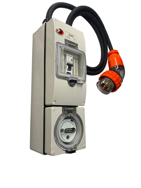 Portable Power board 32 Amp 3 phase 5 pin supply to 1 x 32 Amp 3 Pin RCBO outlet