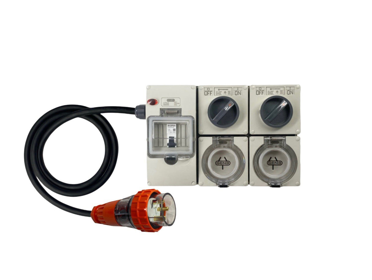 Power Board 32 Amp 3 Pin Single Phase to 2 x 20 Amp Flat 3 pin outlets