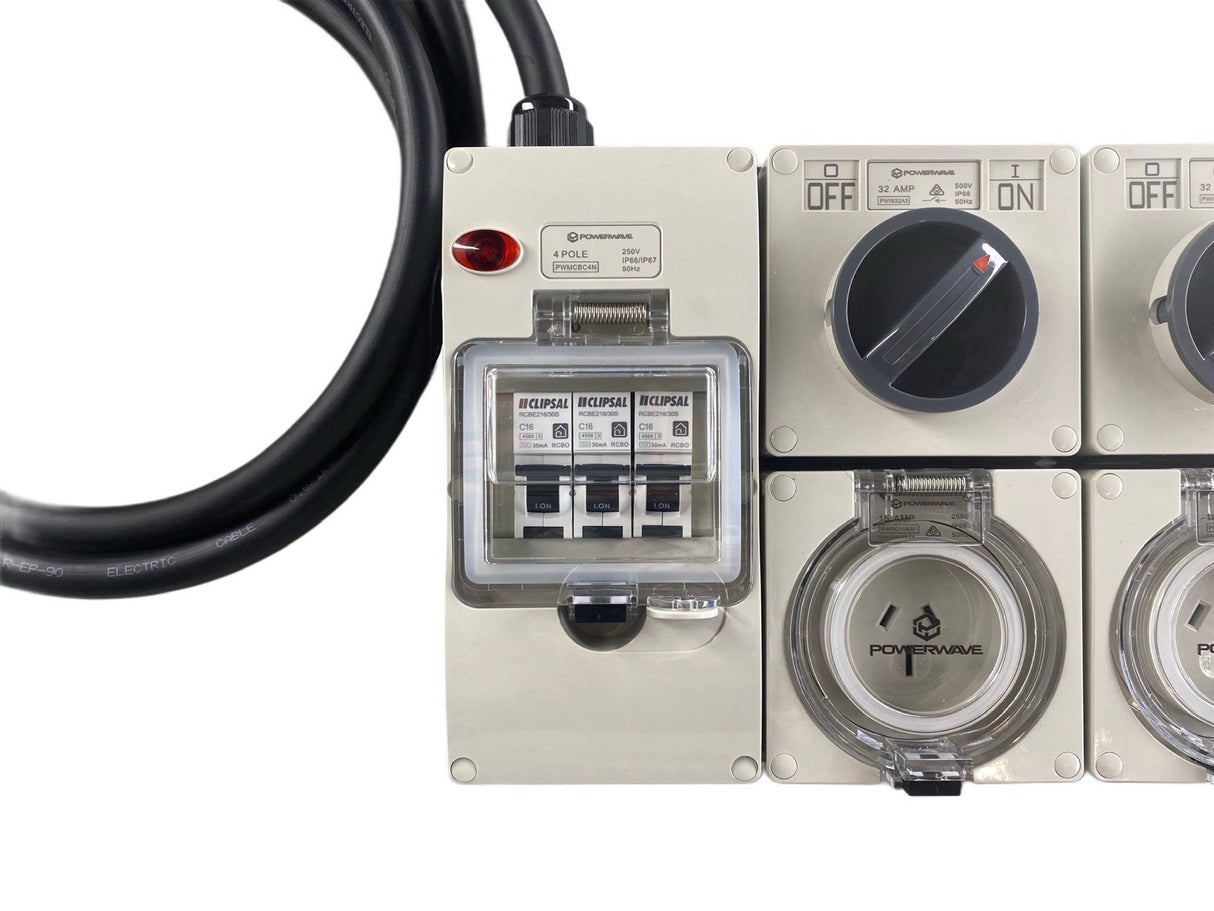 Power Board 5 Pin 32 Amp to 3 x 15 Amp 240V 3 Flat Pin RCBO Protected Outlets