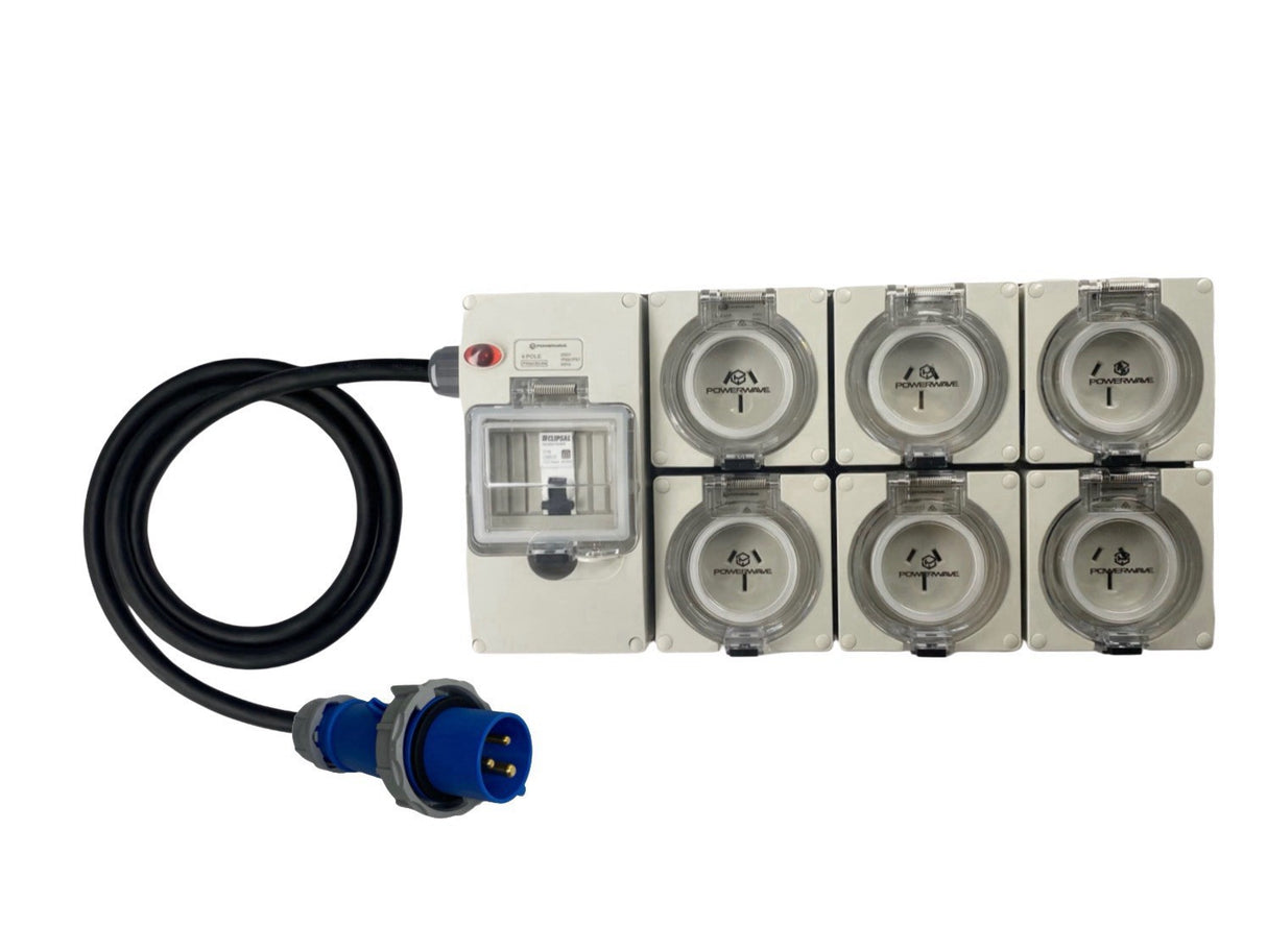 Power Board CEEform 16 Amp 3 Pin Single Phase to 6 x 15 Amp 3 pin outlets