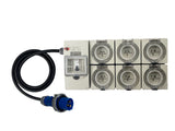 Power Board CEEform 16 Amp 3 Pin Single Phase to 6 x 15 Amp 3 pin outlets