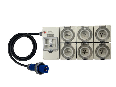 Power Board CEEform 16 Amp 3 Pin Single Phase to 6 x 15 Amp 3 pin outlets