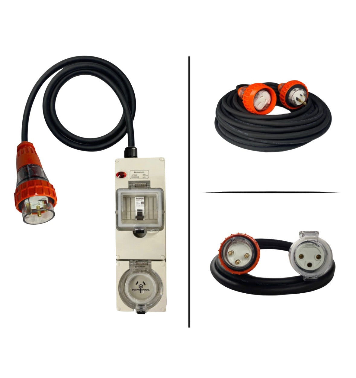 BUNDLE | 32A 3 Pin to 15A 3 Pin Adapter + 32A 3 Pin 10m Lead + 15A 3 Pin 20m Lead